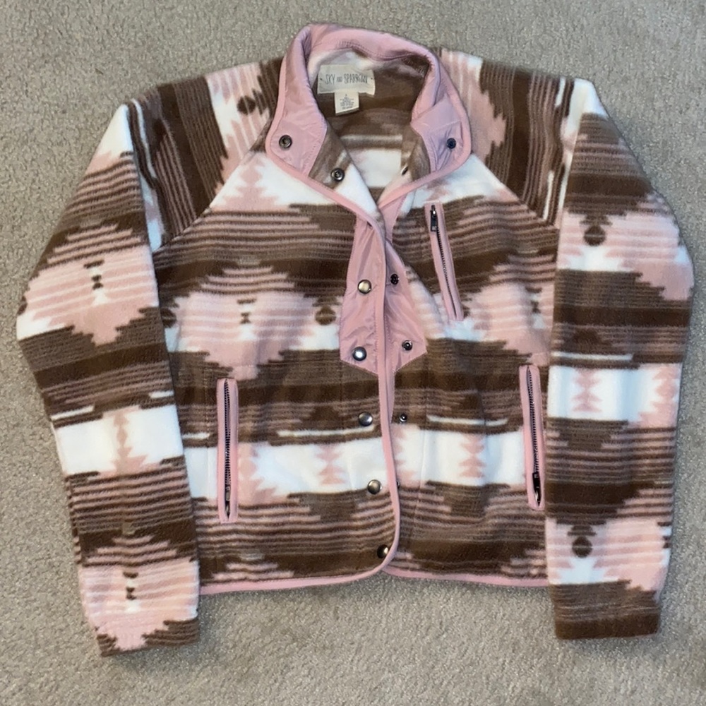 Sky and Sparrow Button Up Jacket Brown, Pink, and White Aztec/Western Pattern